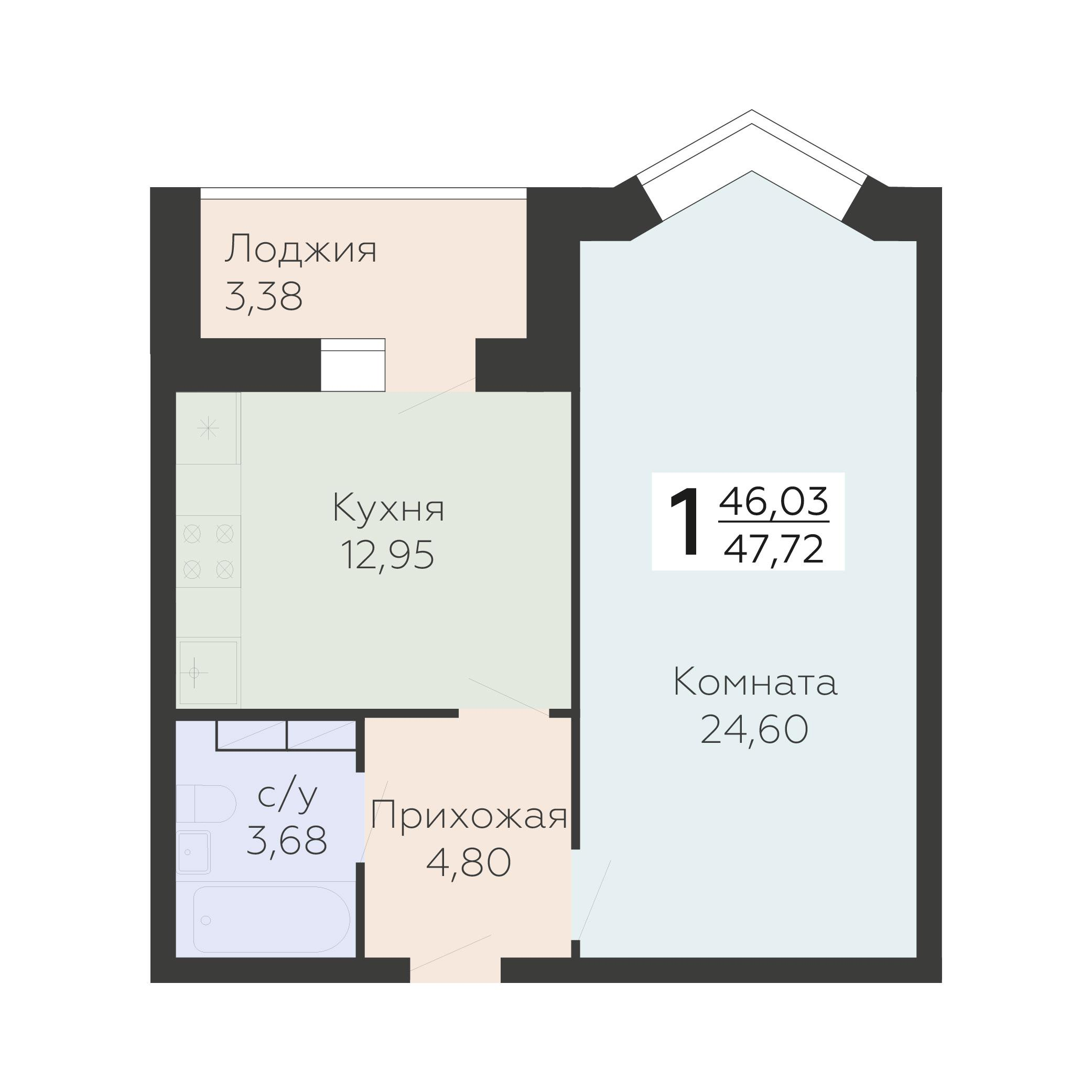 1-комнатная 47 м2 в ЖК Nova парк корпус null этаж 1