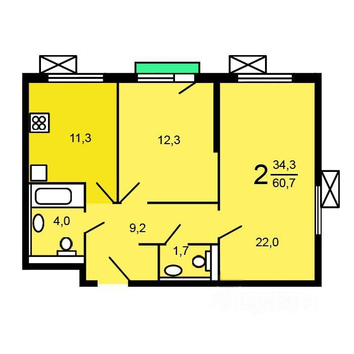 2-комнатная 60 м2 в ЖК undefined корпус null этаж 21