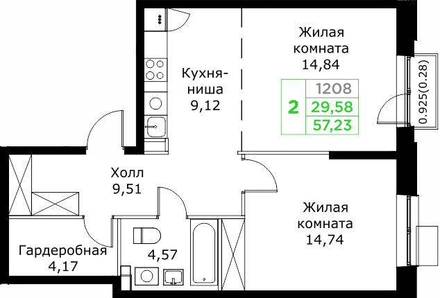 2-комнатная 56 м2 в ЖК Кит корпус null этаж 20