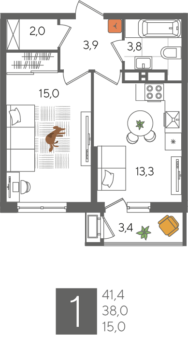 1-комнатная 41 м2 в ЖК Рекорд 2 корпус null этаж 11