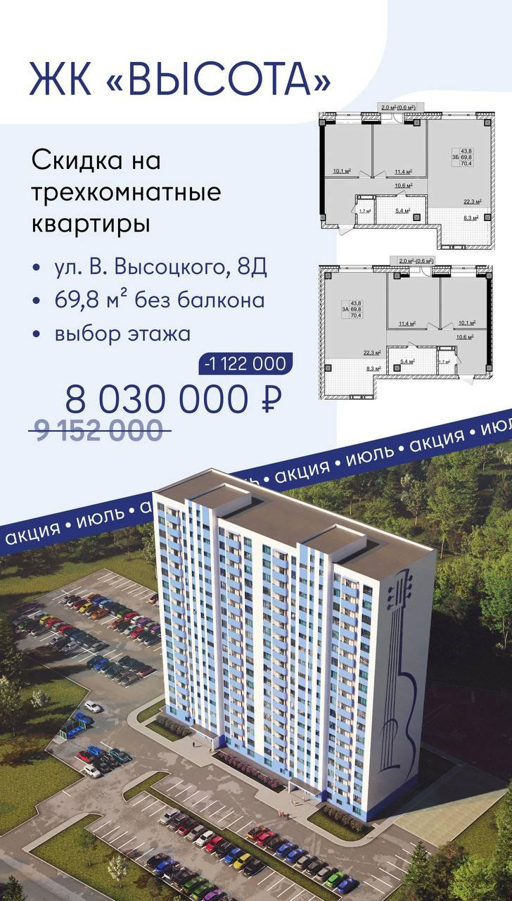 3-комнатная 69.8 м2 в ЖК undefined корпус null этаж 8
