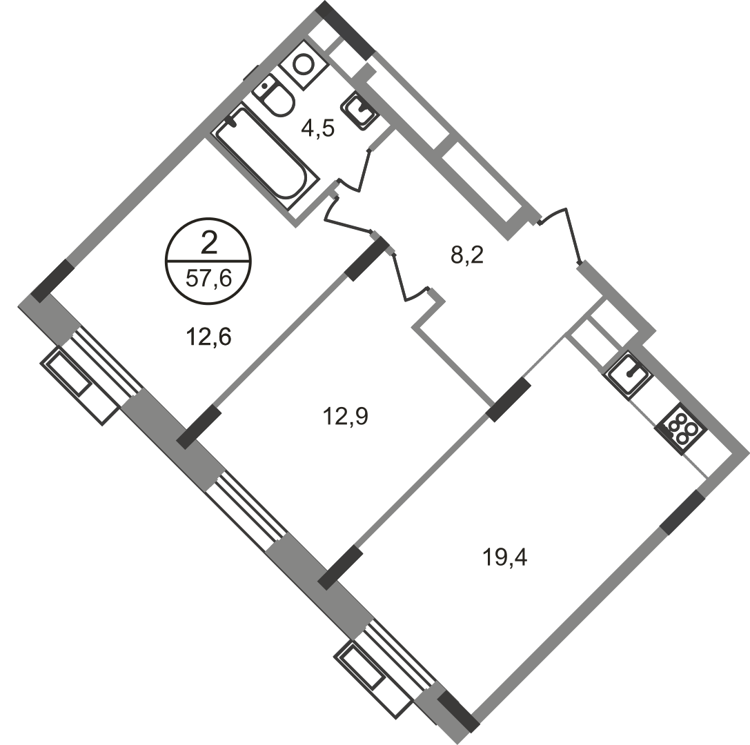 2-комнатная 57 м2 в ЖК Резиденции Сколково корпус null этаж 4