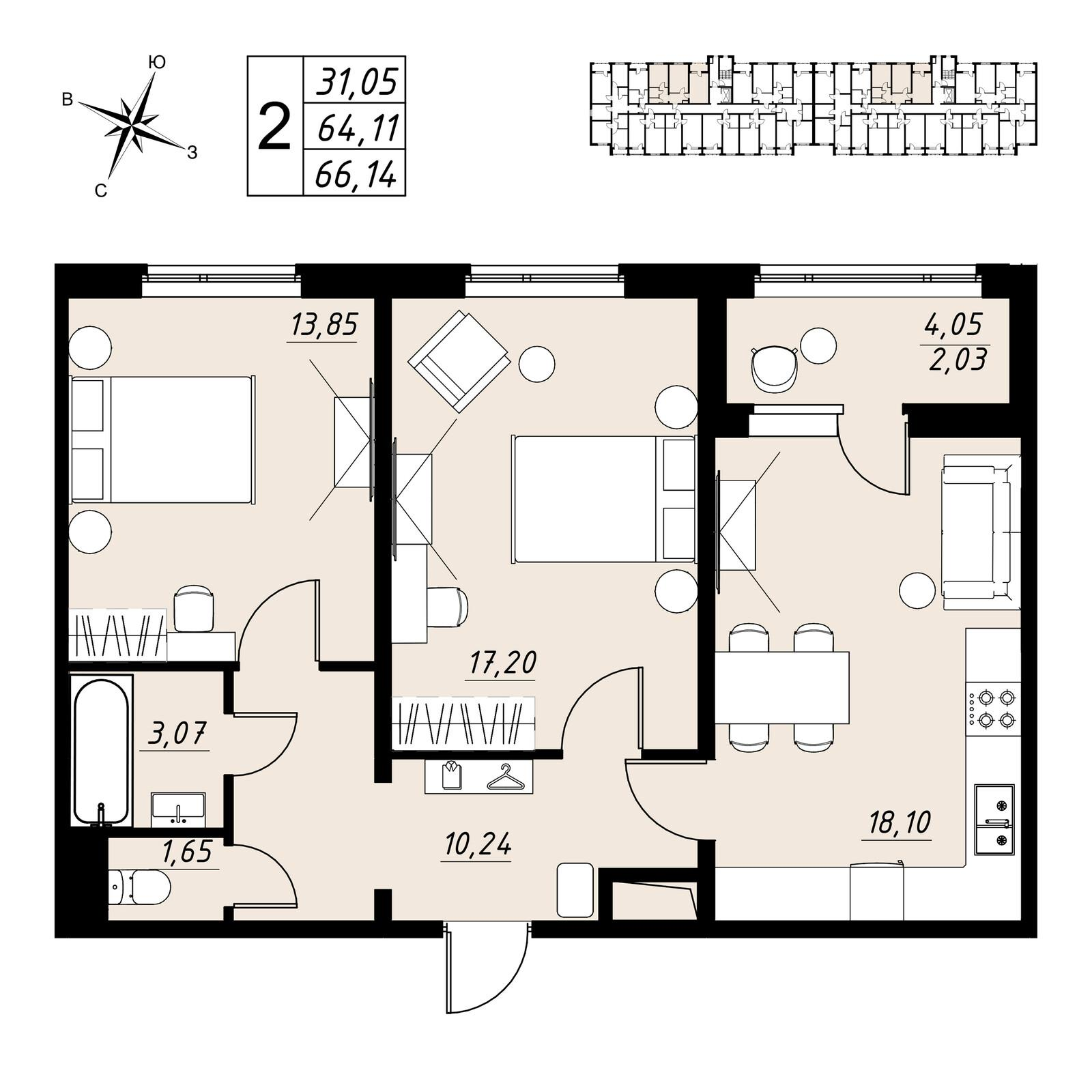 2-комнатная 66 м2 в ЖК Строганов корпус null этаж 4