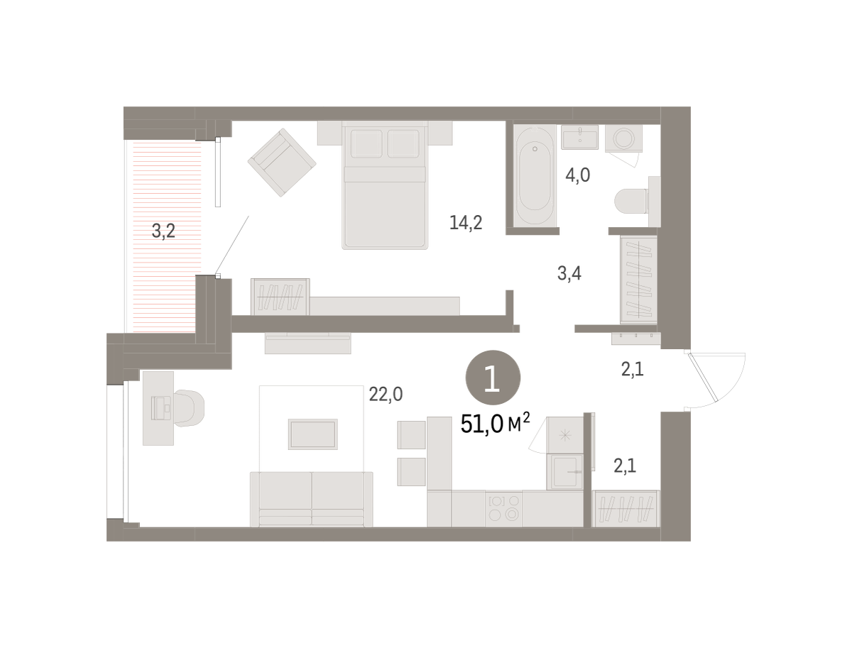 1-комнатная 51 м2 в ЖК Северный ветер корпус null этаж 5