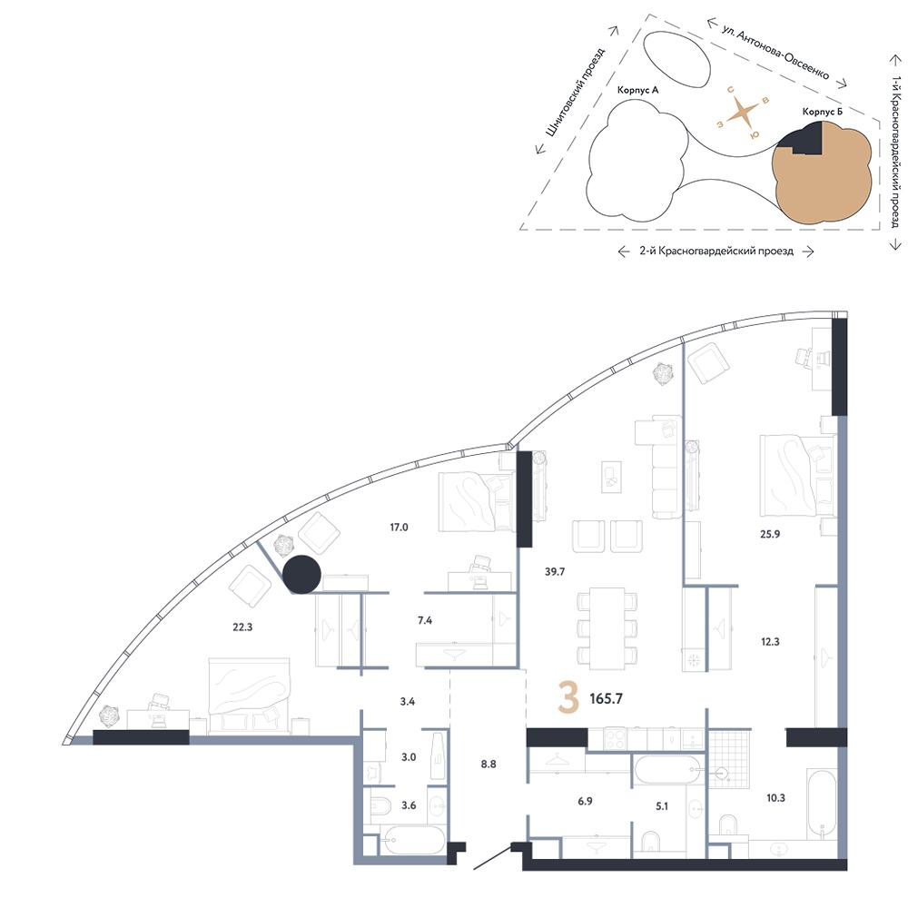 3-комнатная 165 м2 в ЖК АУРУС Резиденции корпус null этаж 62