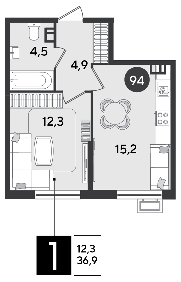 1-комнатная 36 м2 в ЖК Парк Победы 2 корпус null этаж 9