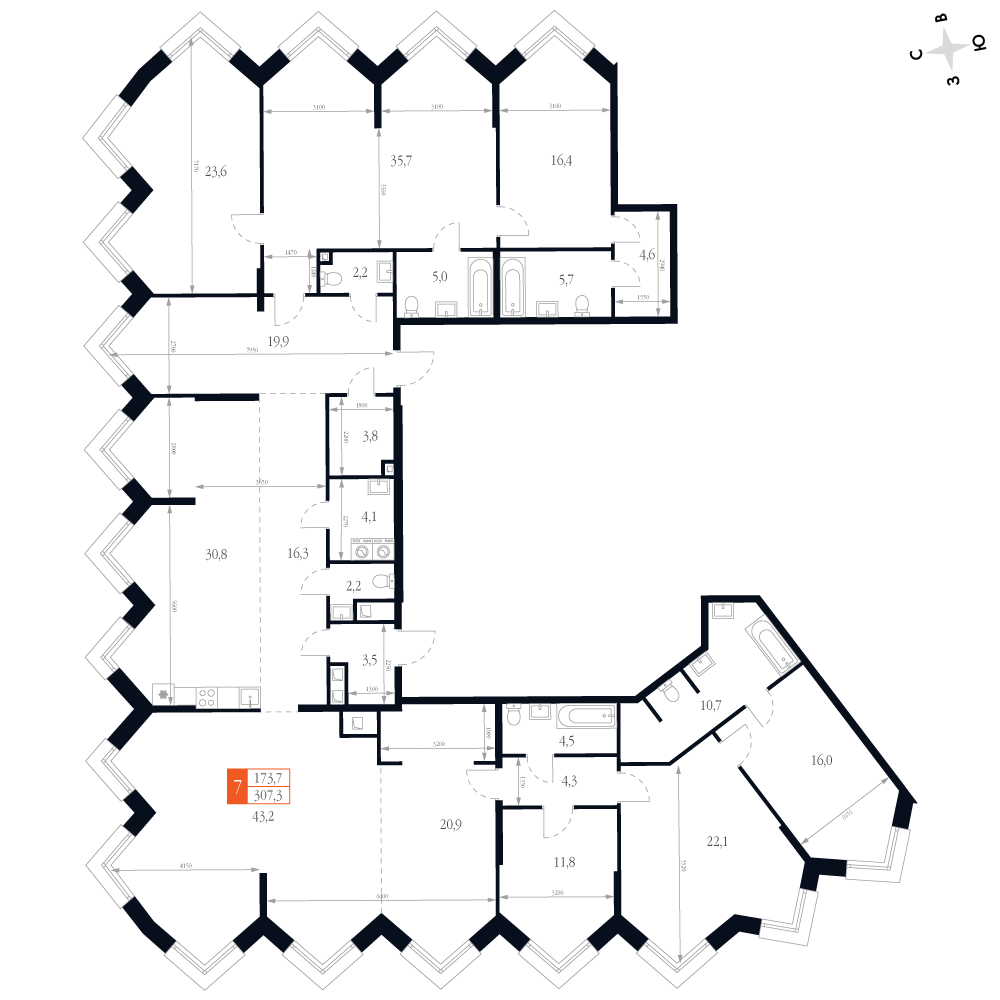 7-комнатная 306 м2 в ЖК Фордевинд корпус null этаж 20