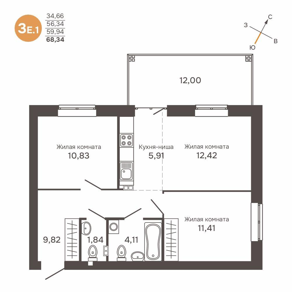 3-комнатная 59 м2 в ЖК Культура корпус null этаж 1