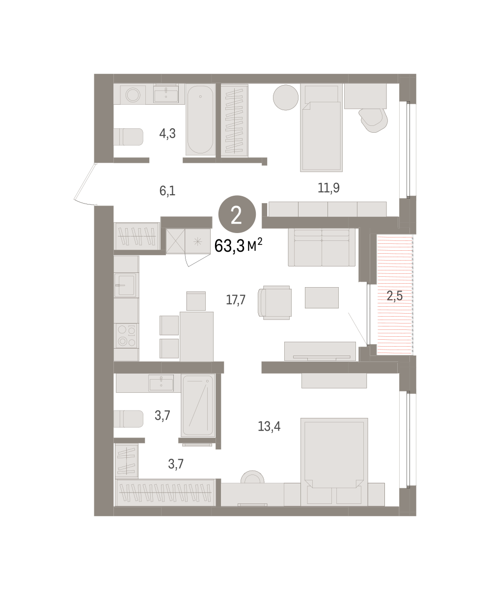 2-комнатная 63 м2 в ЖК Зарека корпус null этаж 7