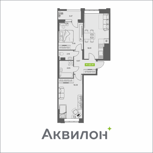 Студия 60 м2 в ЖК Аквилон АКВАРТАЛ корпус null этаж 5