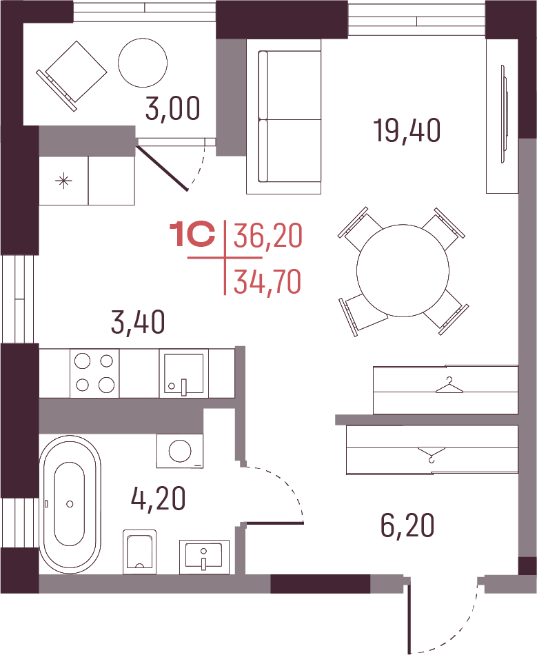 Студия 34 м2 в ЖК А+ корпус null этаж 3