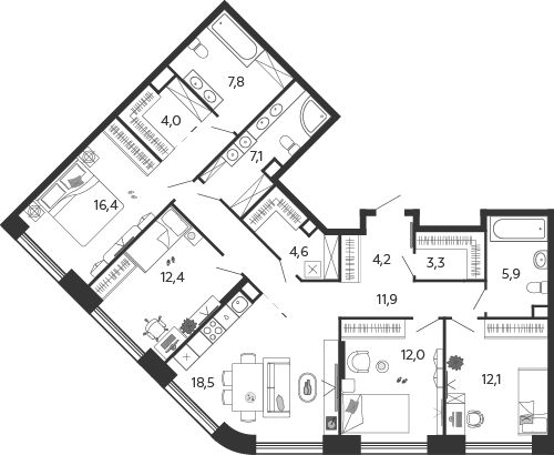 4-комнатная 120 м2 в ЖК Shagal корпус null этаж 9
