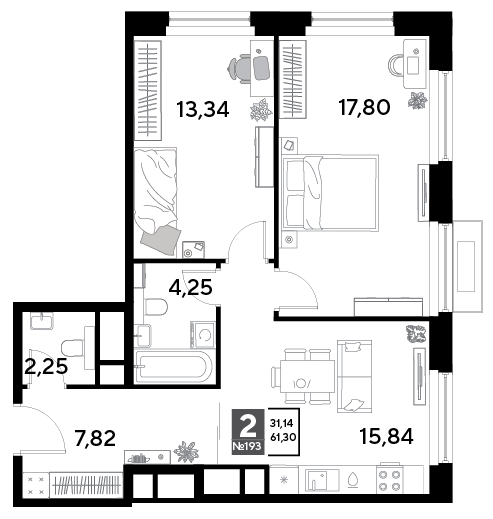 2-комнатная 61 м2 в ЖК EVO корпус null этаж 18
