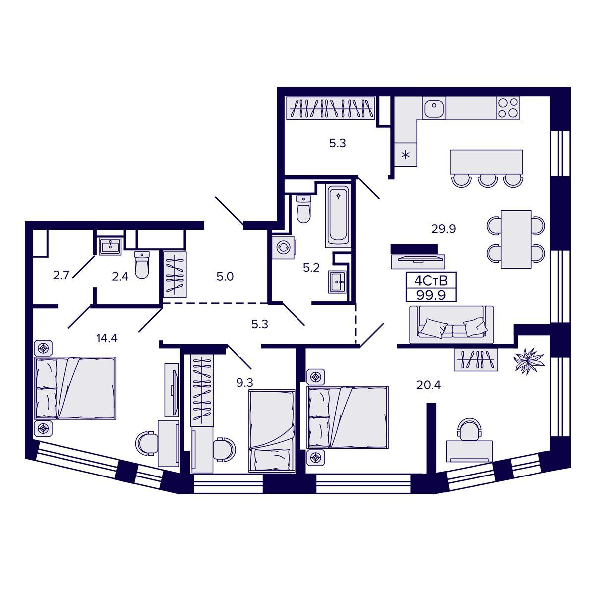 4-комнатная 99 м2 в ЖК Самородный квартал корпус null этаж 30
