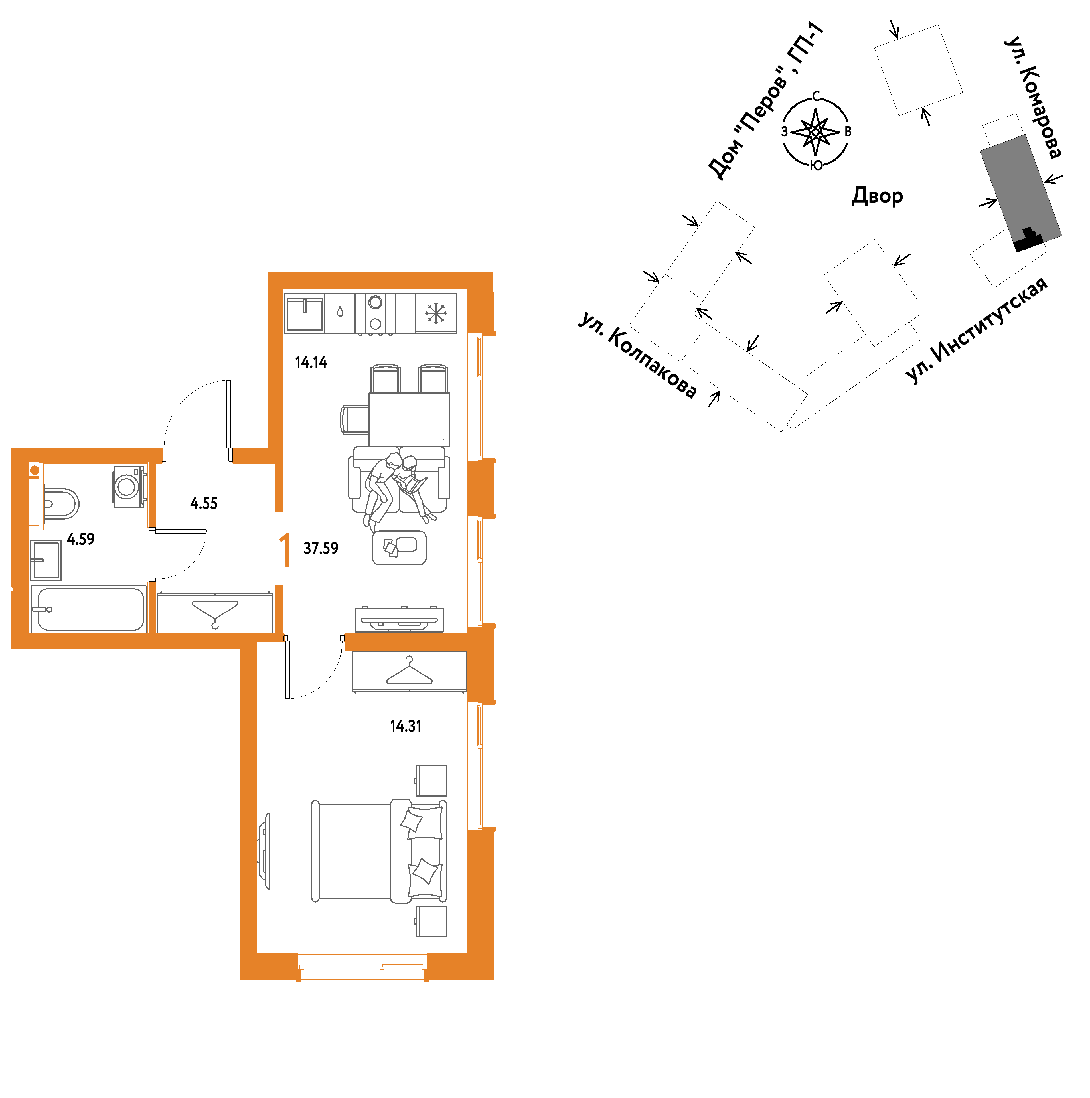 1-комнатная 37 м2 в ЖК Страна.Парковая корпус null этаж 10