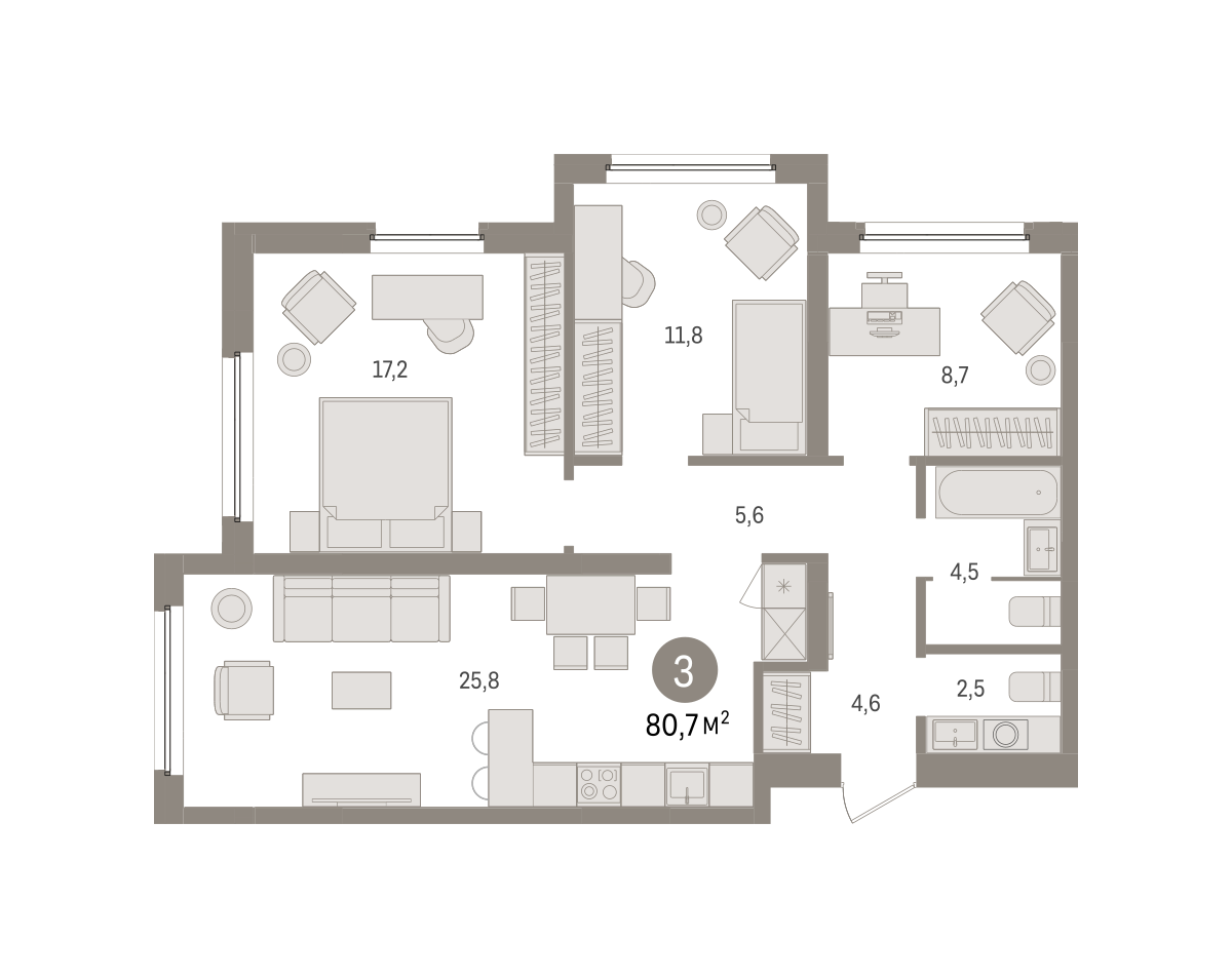 3-комнатная 80 м2 в ЖК Зарека корпус null этаж 2