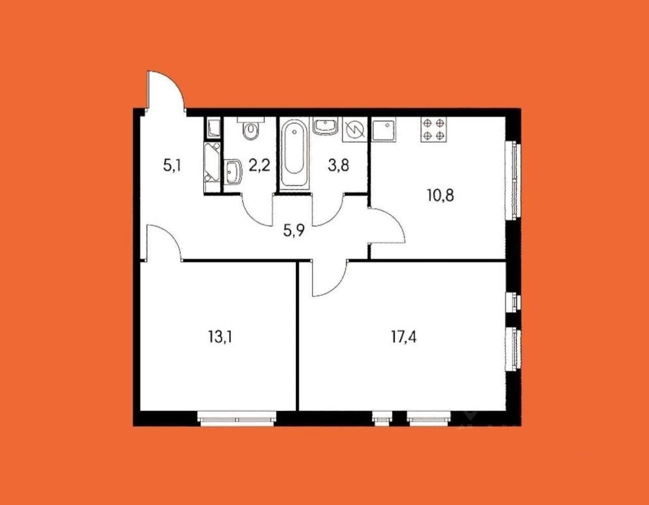 2-комнатная 58.3 м2 в ЖК undefined корпус null этаж 5