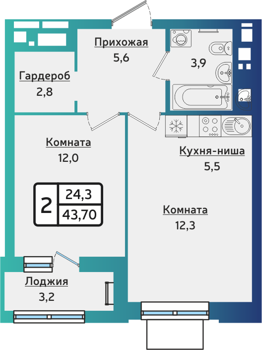 2-комнатная 43 м2 в ЖК ARTNOVA корпус null этаж 8