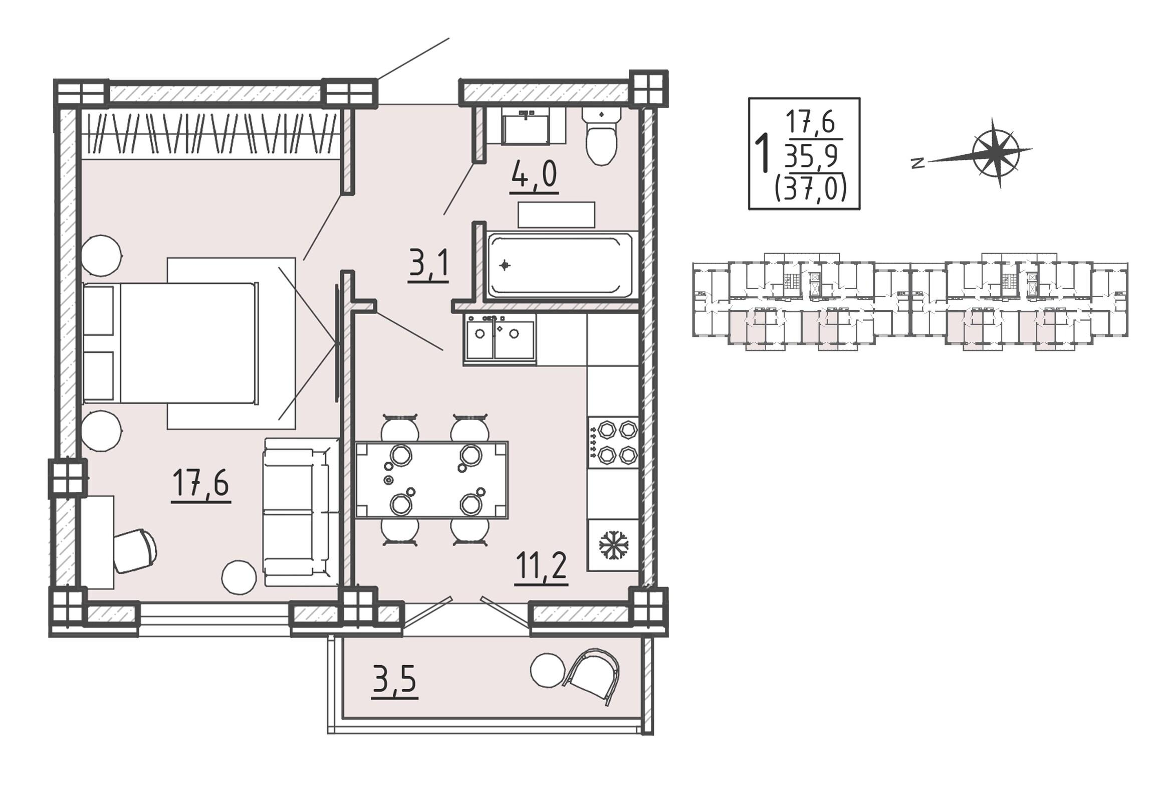 1-комнатная 37 м2 в ЖК Ю корпус null этаж 7