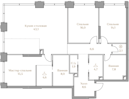 3-комнатная 133 м2 в ЖК Luzhniki Collection корпус null этаж 8