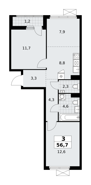 3-комнатная 56 м2 в ЖК Дзен-кварталы корпус null этаж 5
