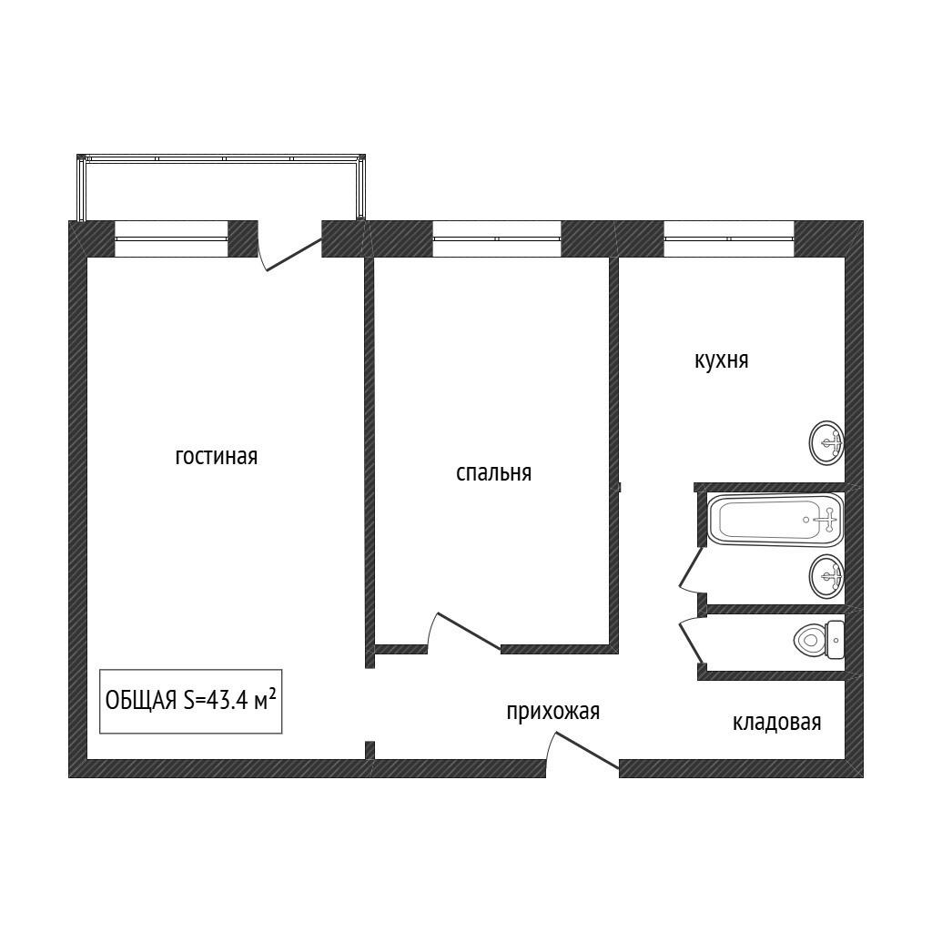 2-комнатная 43.4 м2 в ЖК undefined корпус null этаж 5