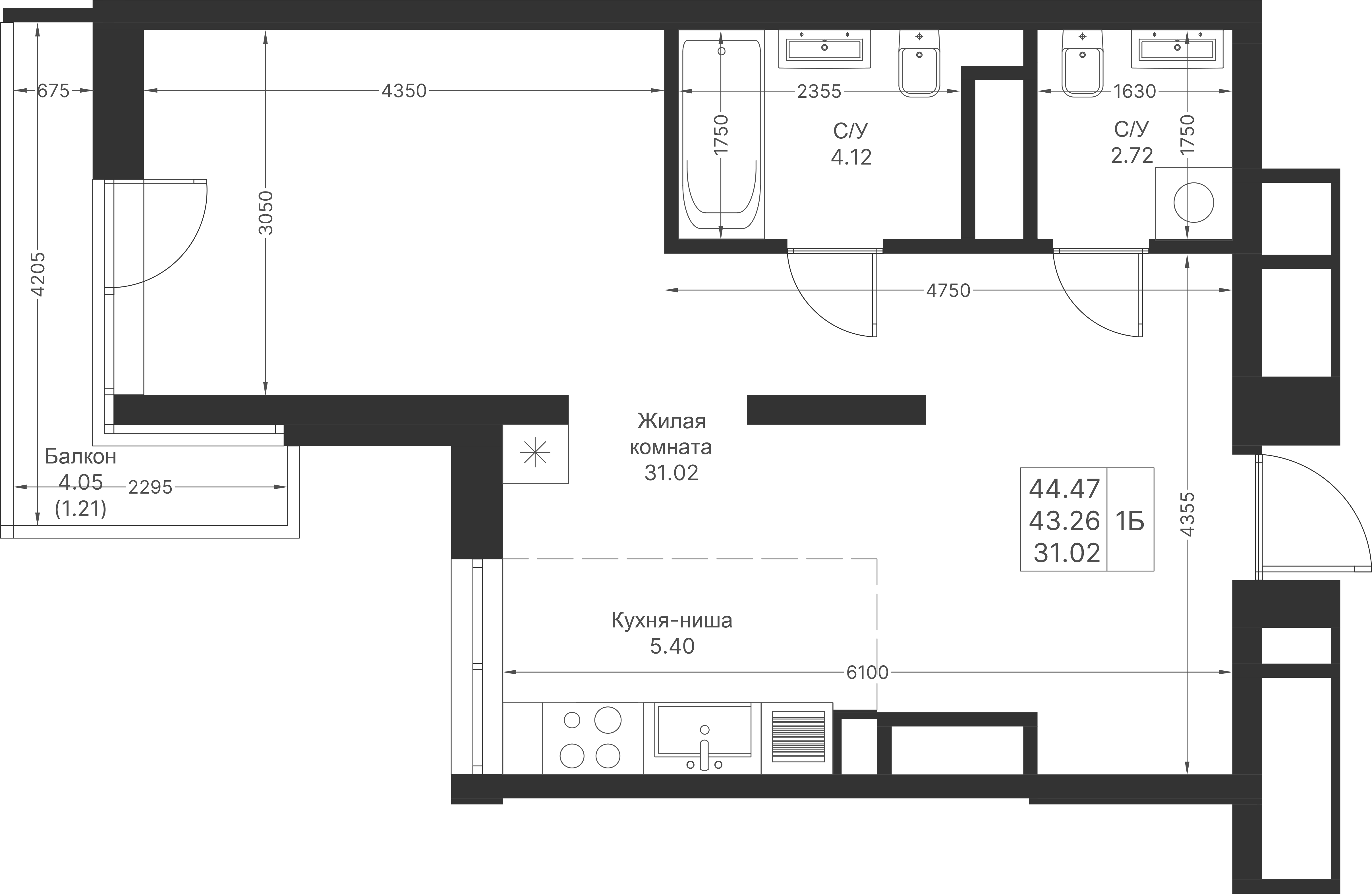 Студия 44 м2 в ЖК Мой Ритм корпус null этаж 15