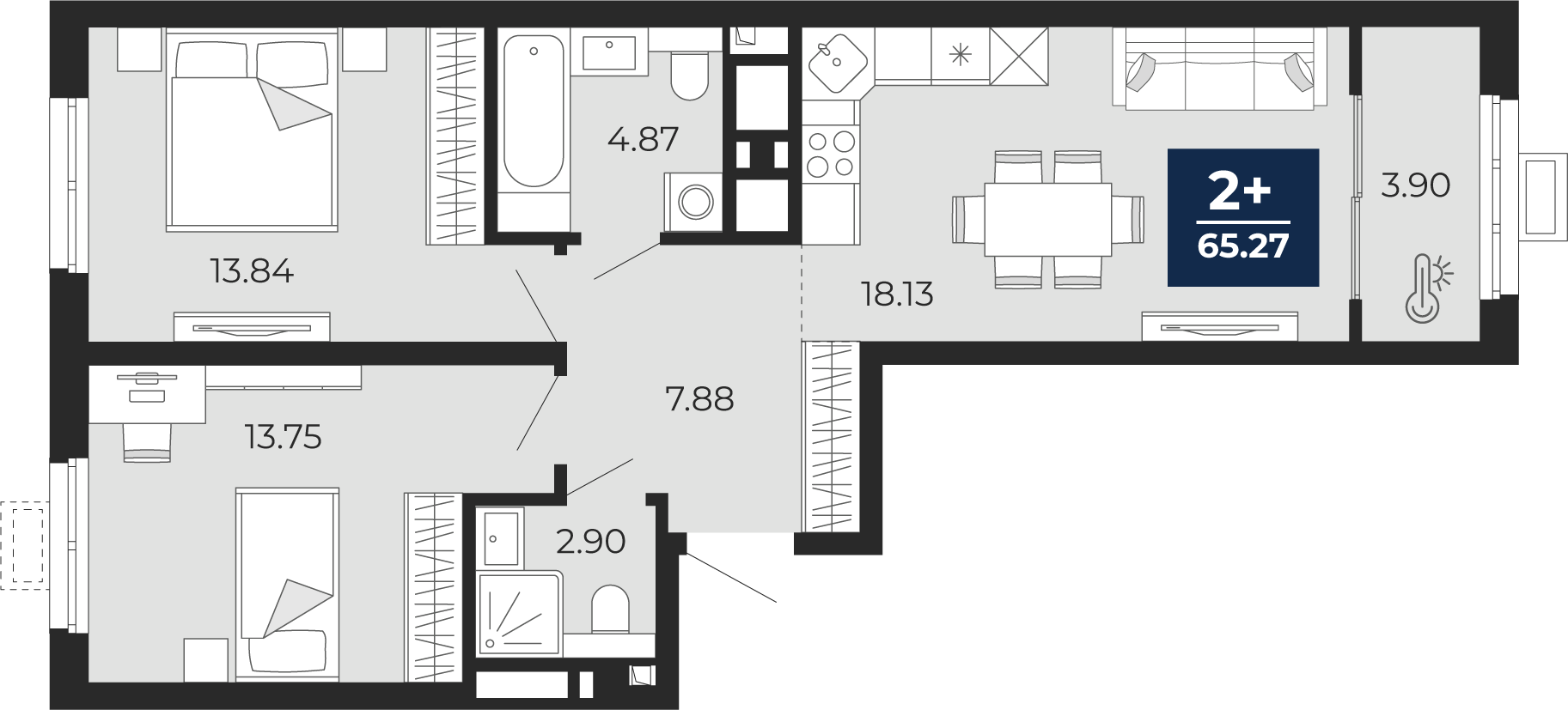 2-комнатная 65 м2 в ЖК Беринг корпус null этаж 3