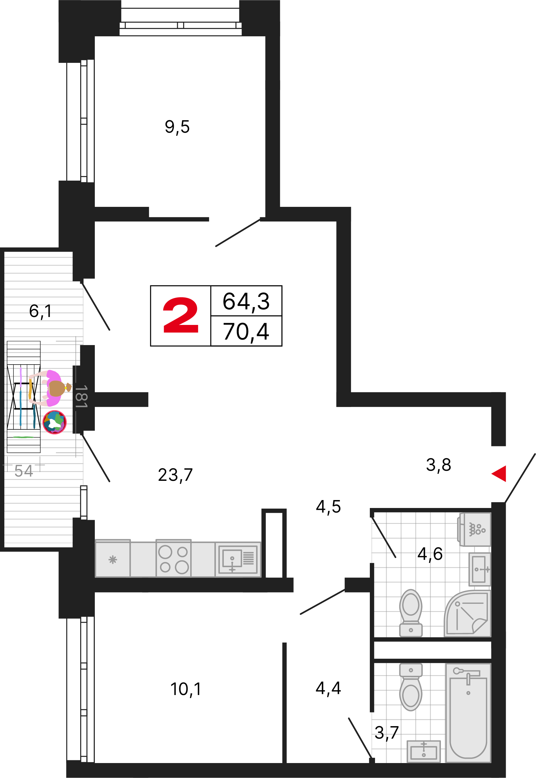2-комнатная 70 м2 в ЖК Бестселлер корпус null этаж 4