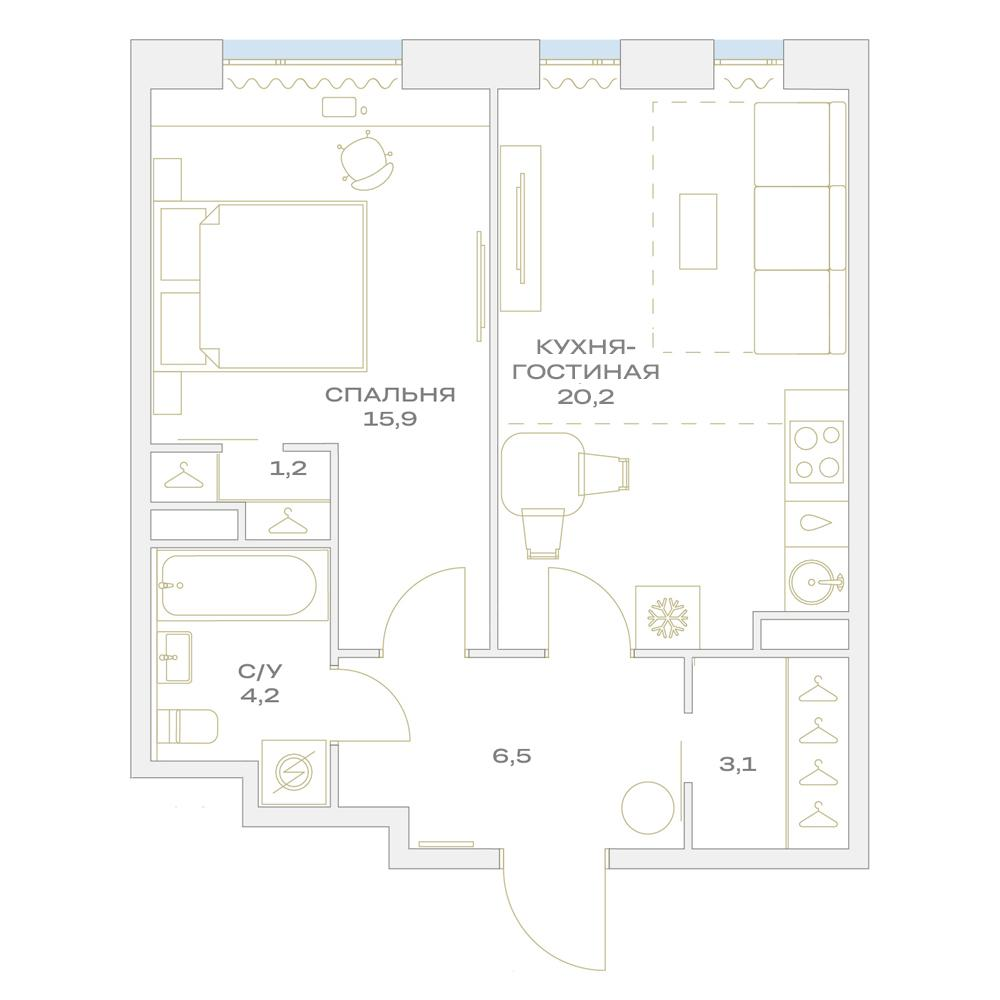 2-комнатная 51 м2 в ЖК Детали корпус null этаж 5