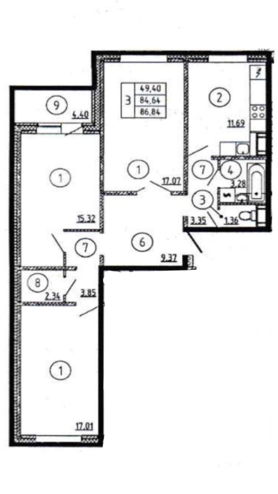 3-комнатная 84.8 м2 в ЖК undefined корпус null этаж 12