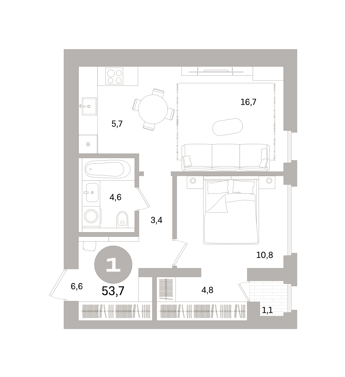 1-комнатная 53 м2 в ЖК Северный ветер корпус null этаж 4