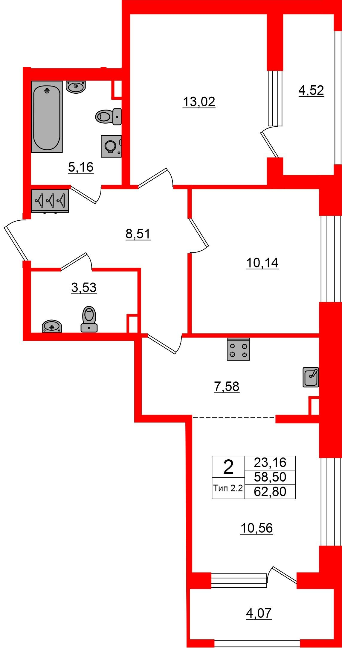2-комнатная 58 м2 в ЖК Сэтл Ривьера корпус null этаж 2
