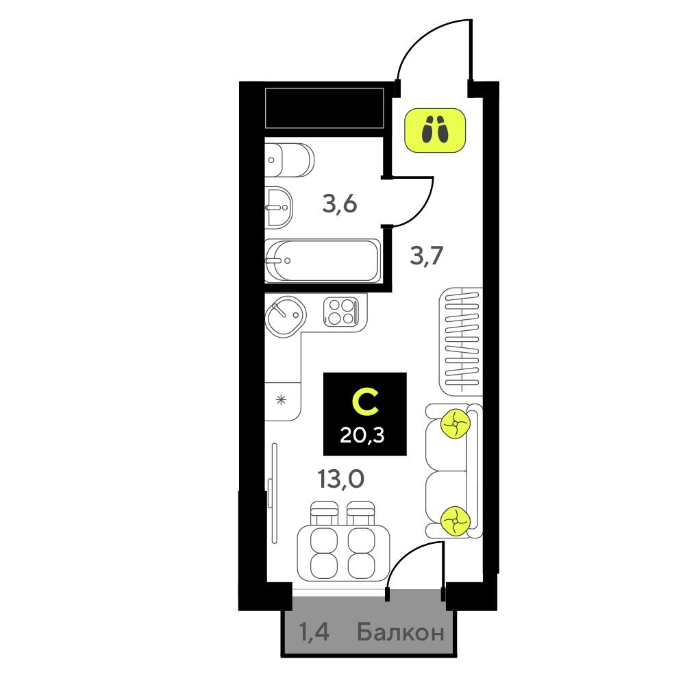 Студия 20 м2 в ЖК Мотивы корпус null этаж 14