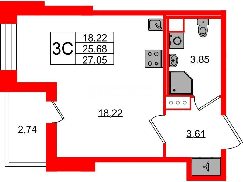 Студия 25 м2 в ЖК Астра Континенталь корпус null этаж 3