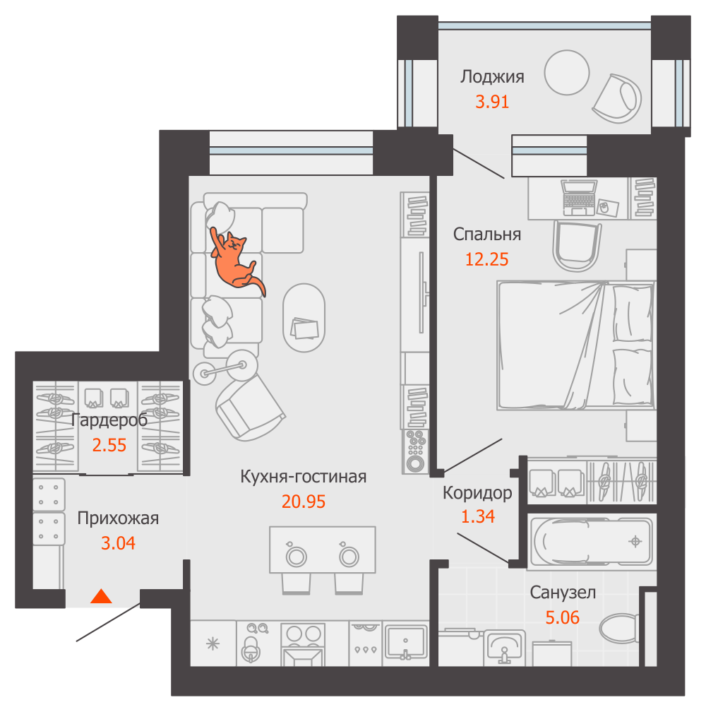 2-комнатная 47 м2 в ЖК ЖК Город Новаторов корпус null этаж 4