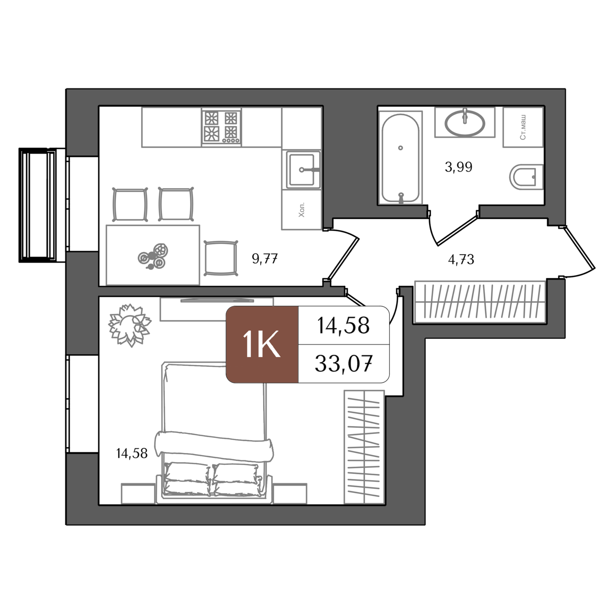1-комнатная 33 м2 в ЖК Холмогоры корпус null этаж 14