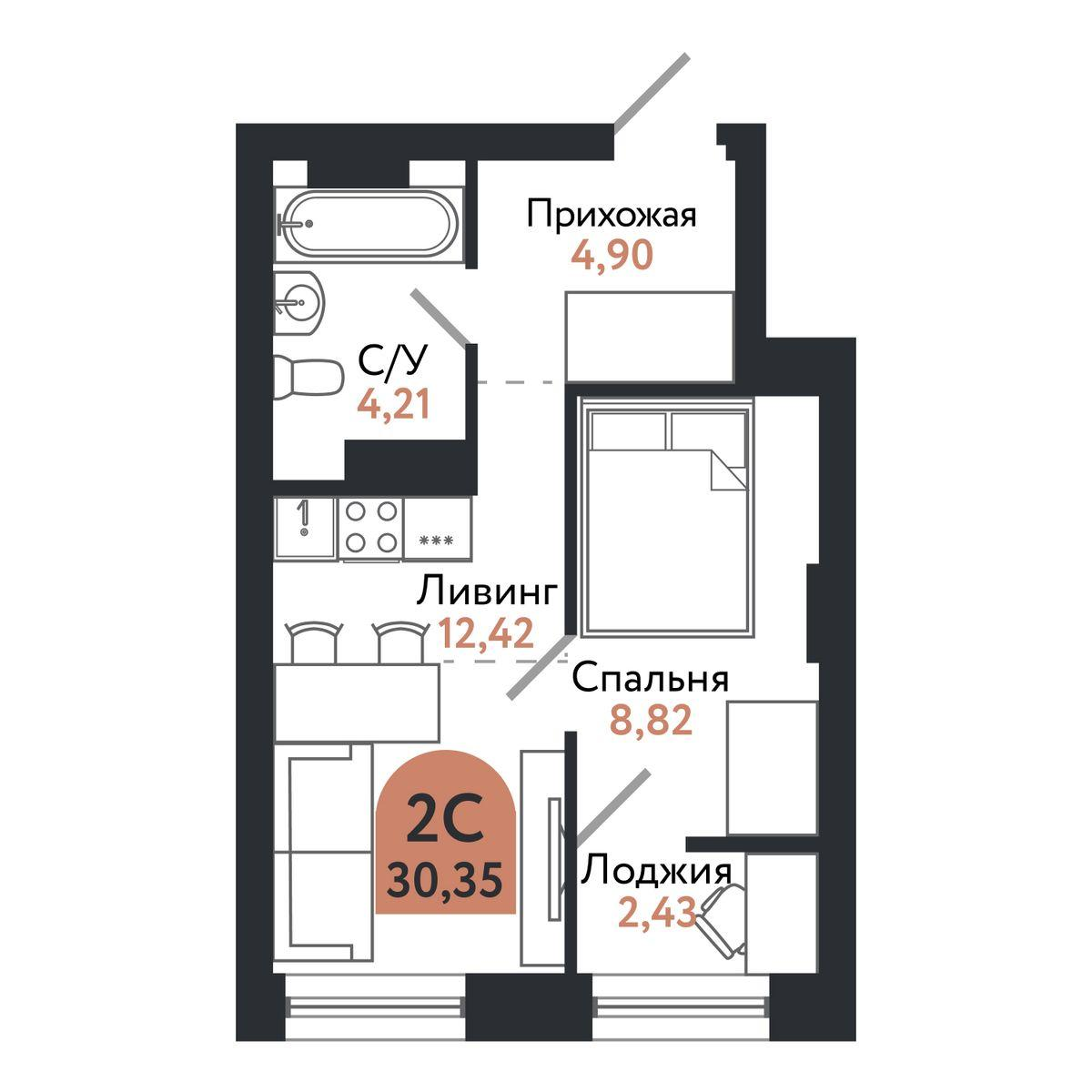 2-комнатная 30 м2 в ЖК Квартал 1604 корпус null этаж 12