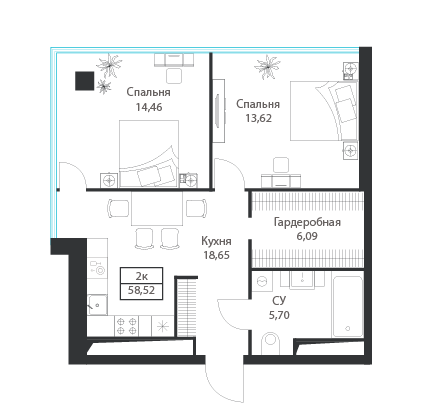 2-комнатная 58 м2 в ЖК ДИУС корпус null этаж 16