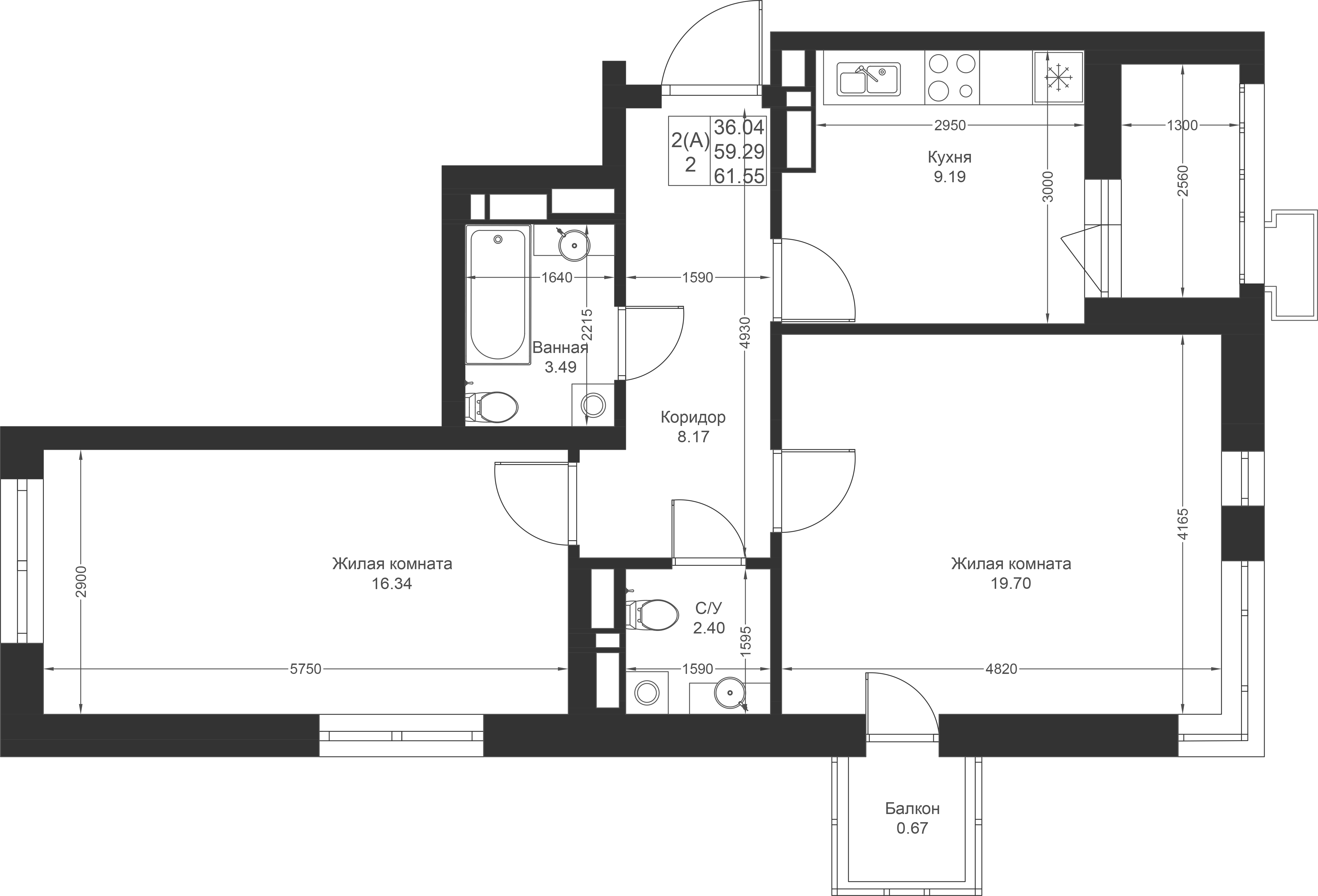 2-комнатная 61 м2 в ЖК Солнечный город корпус null этаж 6