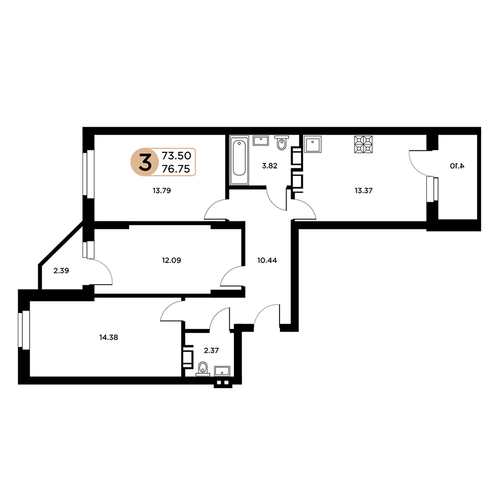 3-комнатная 75 м2 в ЖК Московский корпус null этаж 2