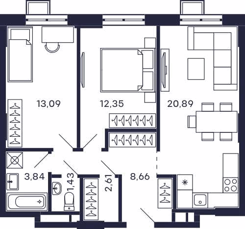 2-комнатная 62 м2 в ЖК Квартал Тетрис корпус null этаж 8