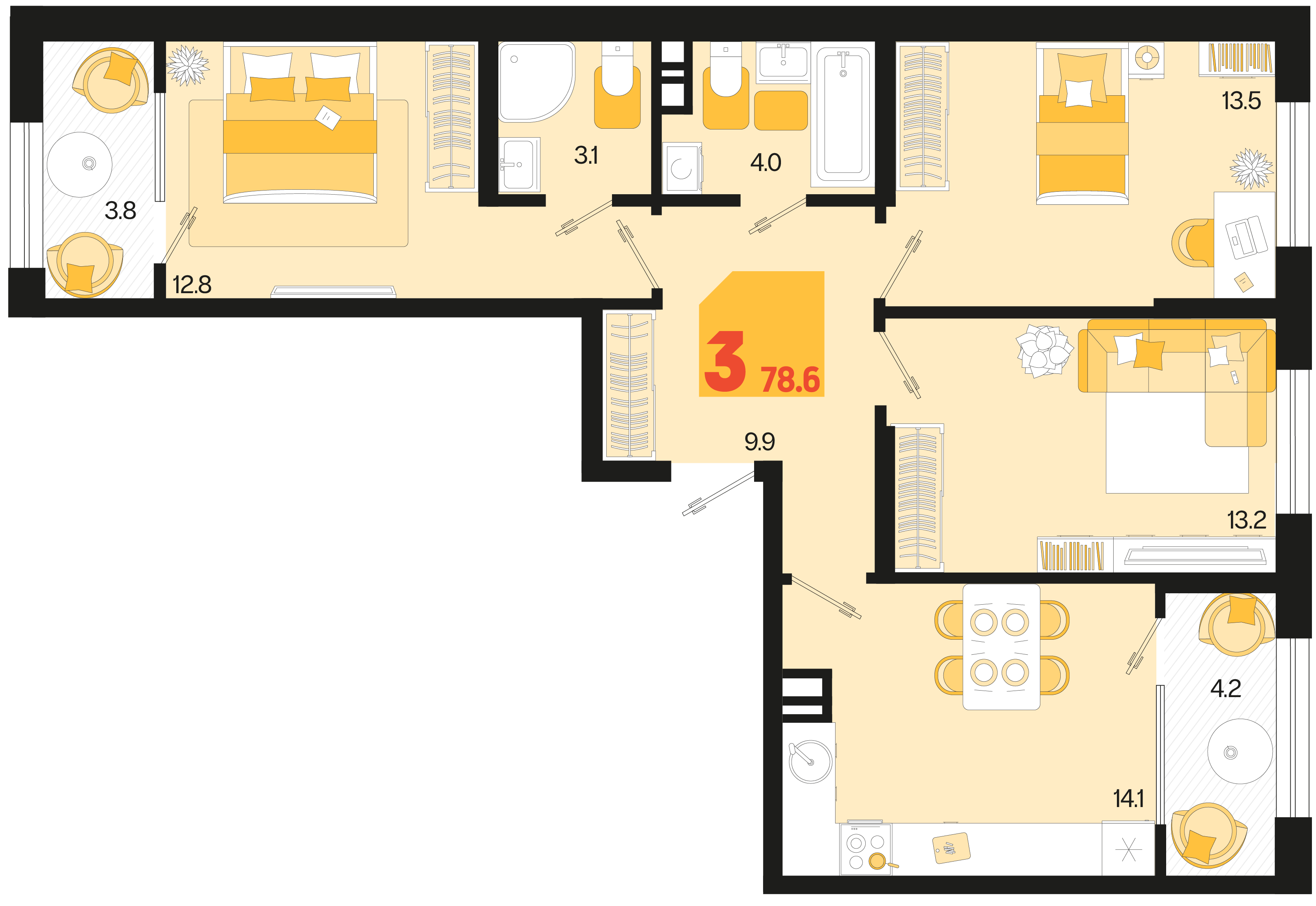 3-комнатная 78 м2 в ЖК Первое место корпус null этаж 7