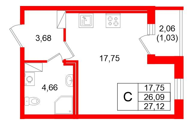 Студия 27 м2 в ЖК Квартал Заречье корпус null этаж 4