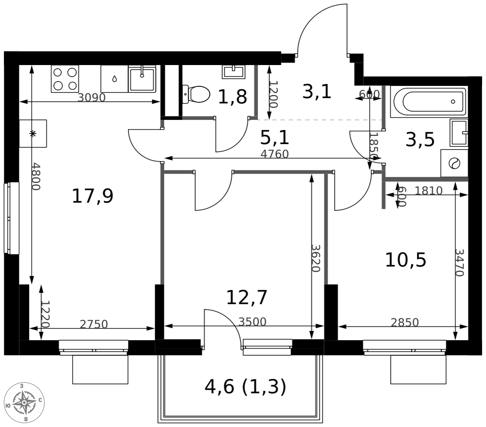 2-комнатная 55 м2 в ЖК 1-й Измайловский корпус null этаж 5