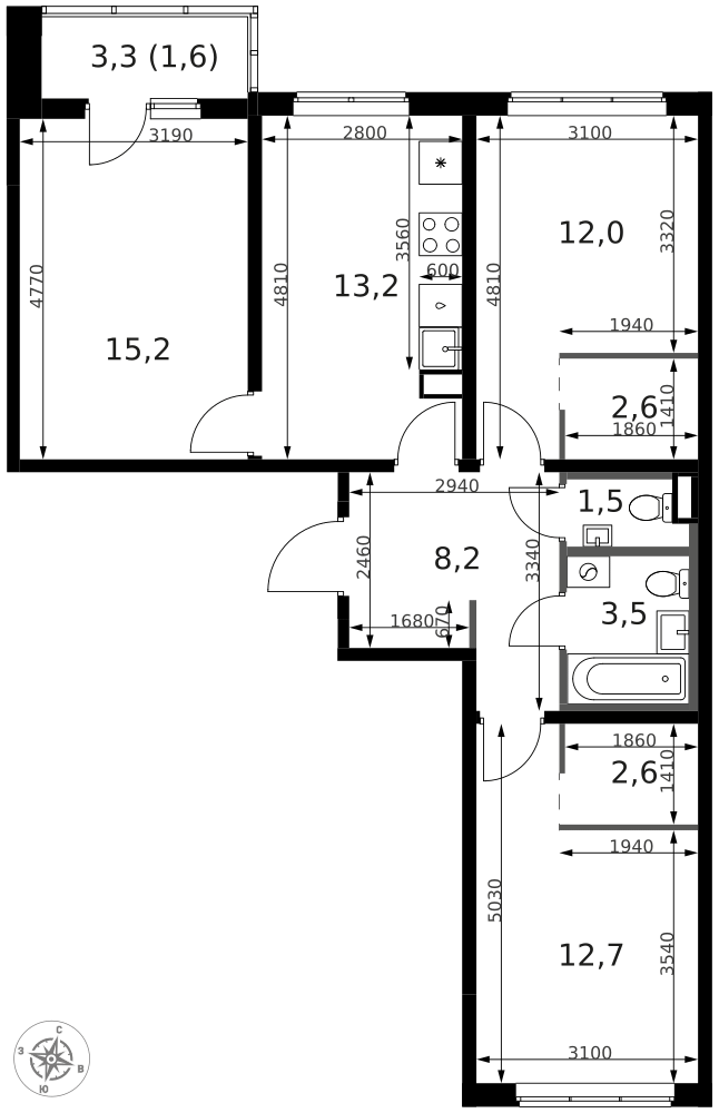 3-комнатная 73 м2 в ЖК 1-й Ясеневский корпус null этаж 2