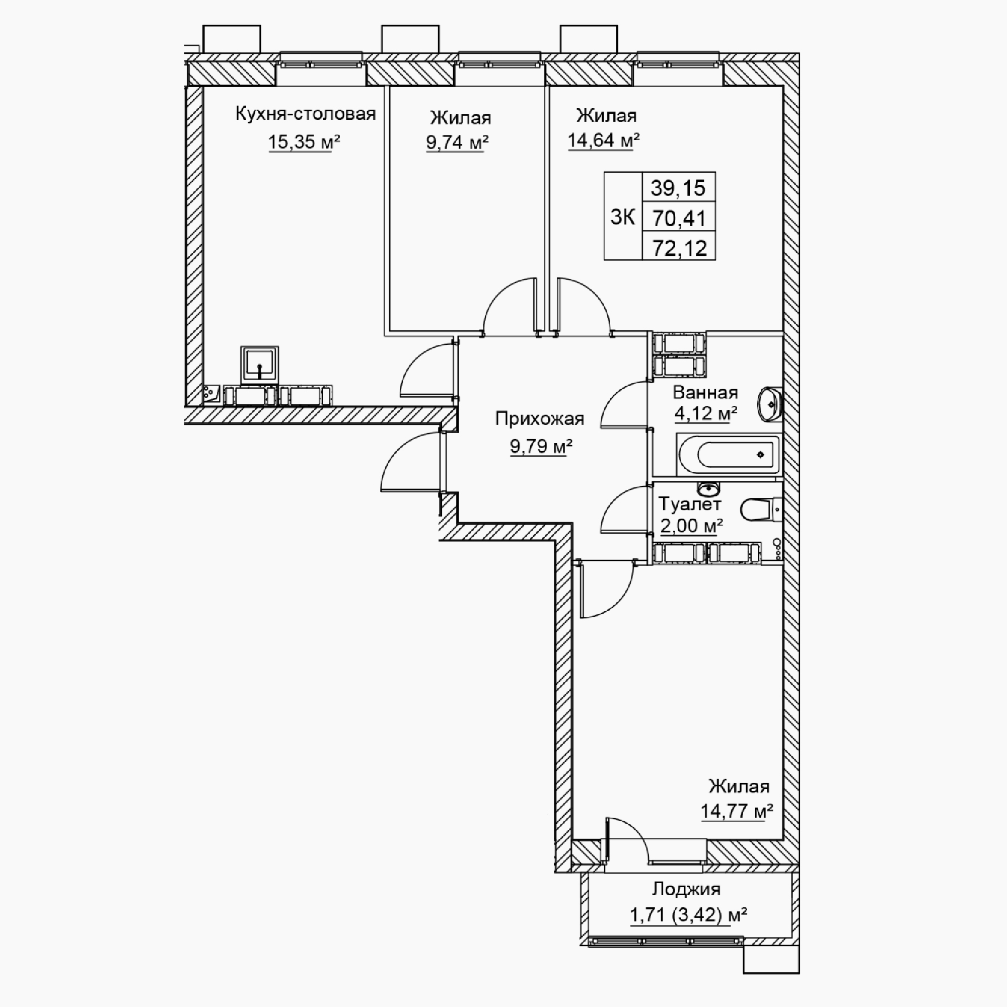3-комнатная 72 м2 в ЖК Сталь корпус null этаж 20