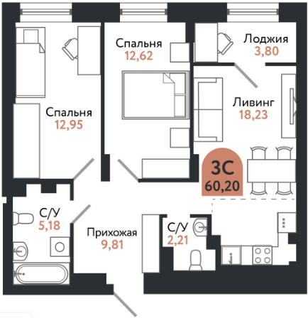 3-комнатная 60.2 м2 в ЖК undefined корпус null этаж 2
