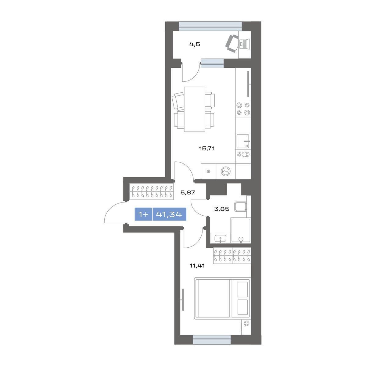 1-комнатная 41 м2 в ЖК Пятнашка корпус null этаж 2