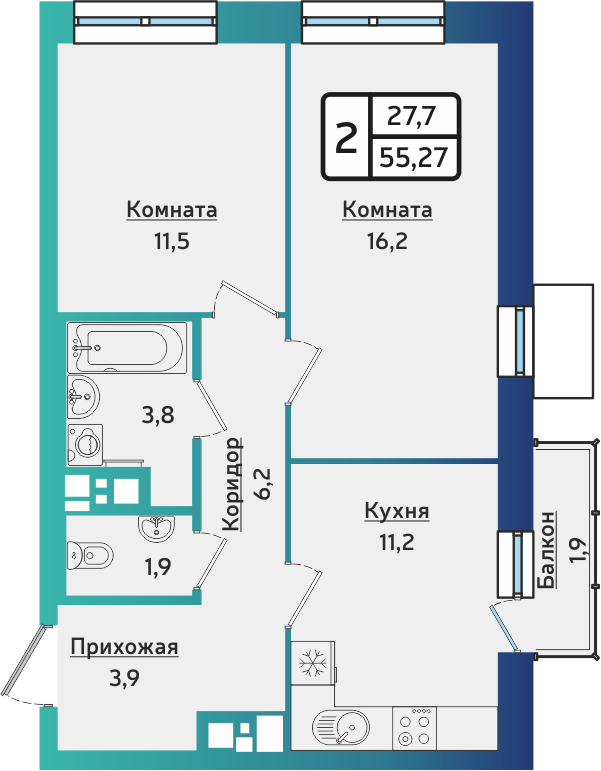 2-комнатная 55 м2 в ЖК ARTNOVA корпус null этаж 8